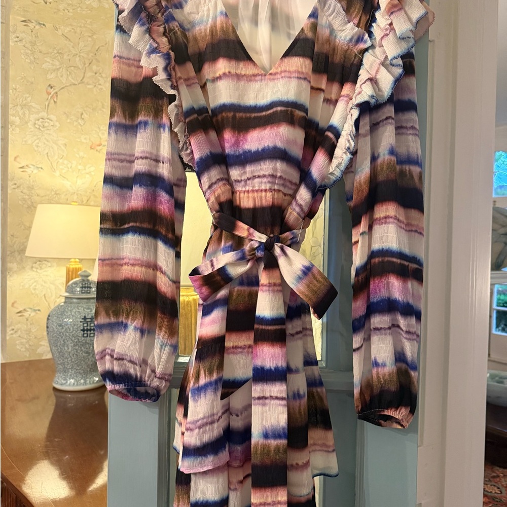 Marie Oliver Striped Ruffle Dress in Purple and Pink
